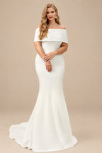 Rutipo Ivory Plus Size Trumpet/Mermaid Off-The-Shoulder Satin Wedding Dresses With Bow(s)