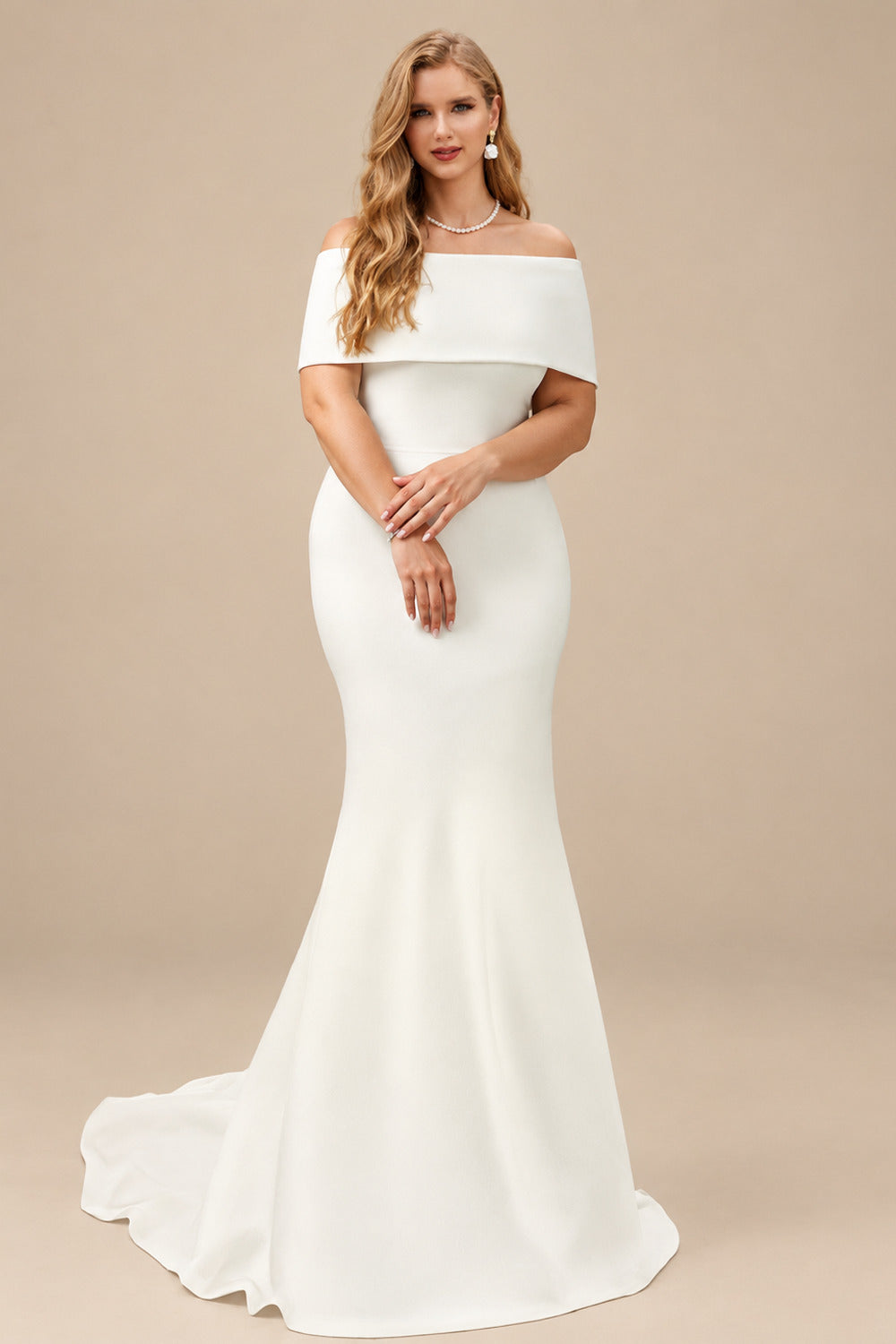 Rutipo Ivory Plus Size Trumpet/Mermaid Off-The-Shoulder Satin Wedding Dresses With Bow(s)