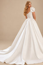 Rutipo Ivory Plus Size Ball-Gown One-Shoulder Court Train Satin Wedding Dresses With Flower(s)