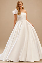Rutipo Ivory Plus Size Ball-Gown One-Shoulder Court Train Satin Wedding Dresses With Flower(s)