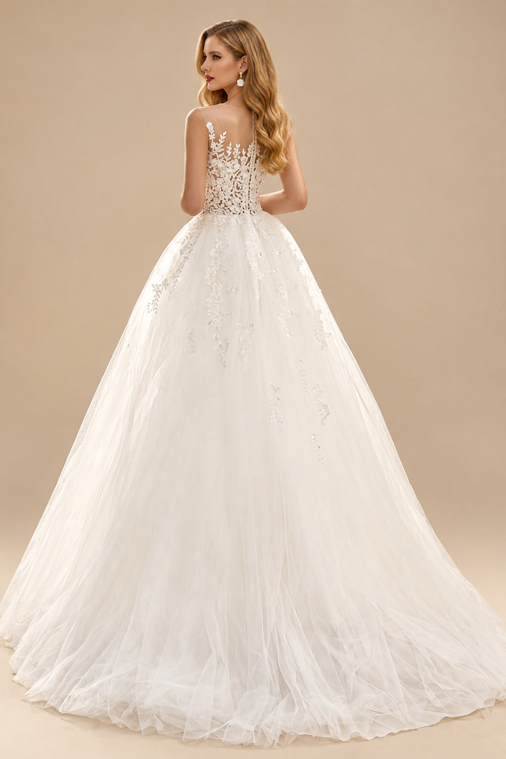 Rutipo Ivory Ball-Gown Illusion Neck Sleeveless Tulle(Non-Stretch) Wedding Dress With Appliques Lace