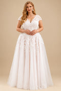 Rutipo As Picture A-Line V-Neck Sleeveless Tulle(Non-Stretch) Plus Size Wedding Dress With Appliques Lace