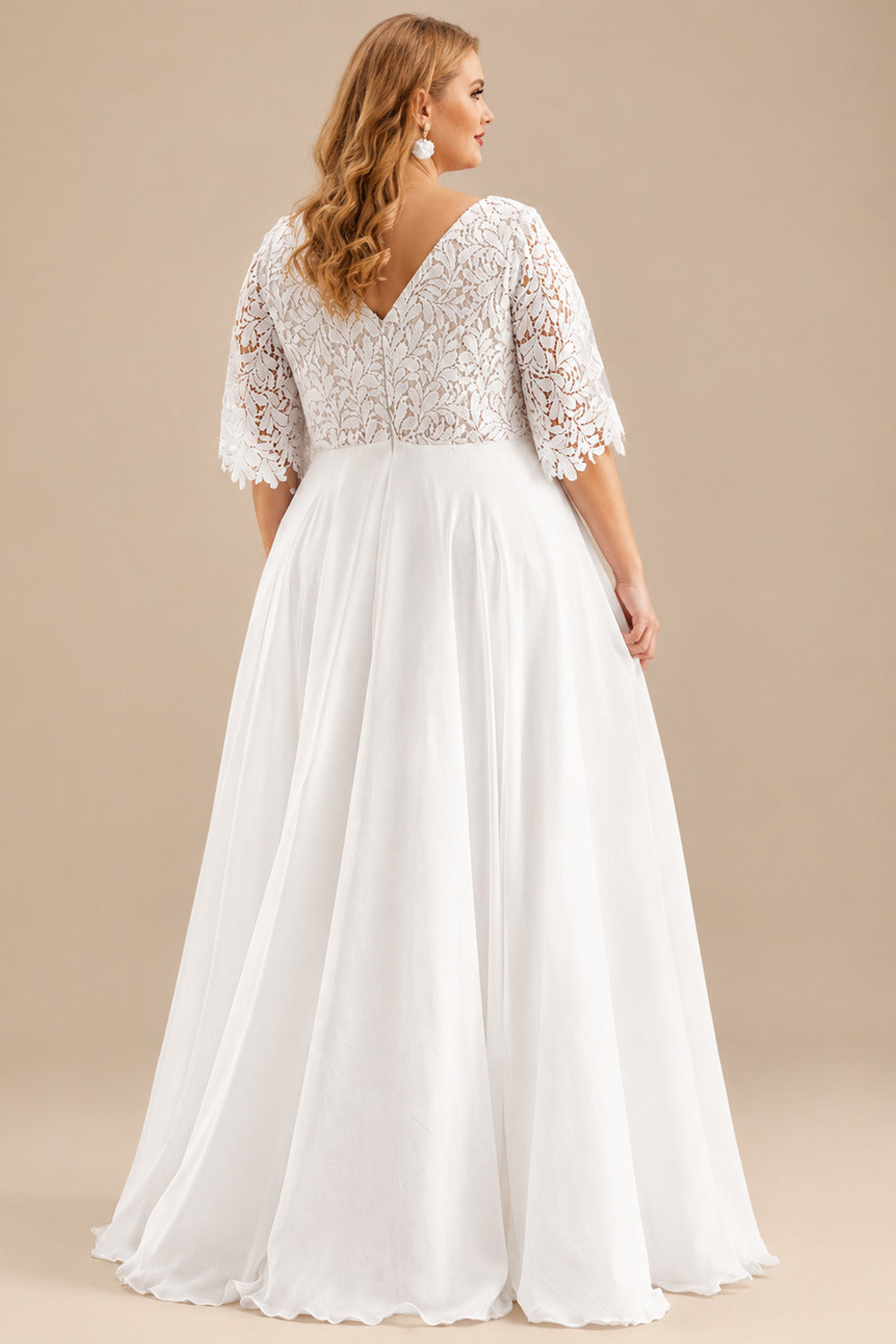 Rutipo Ivory A-Line V-Neck Lace(Non-Stretch)/Chiffon(Non-Stretch) Plus Size Wedding Dress