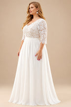 Rutipo Ivory A-Line V-Neck Lace(Non-Stretch)/Chiffon(Non-Stretch) Plus Size Wedding Dress