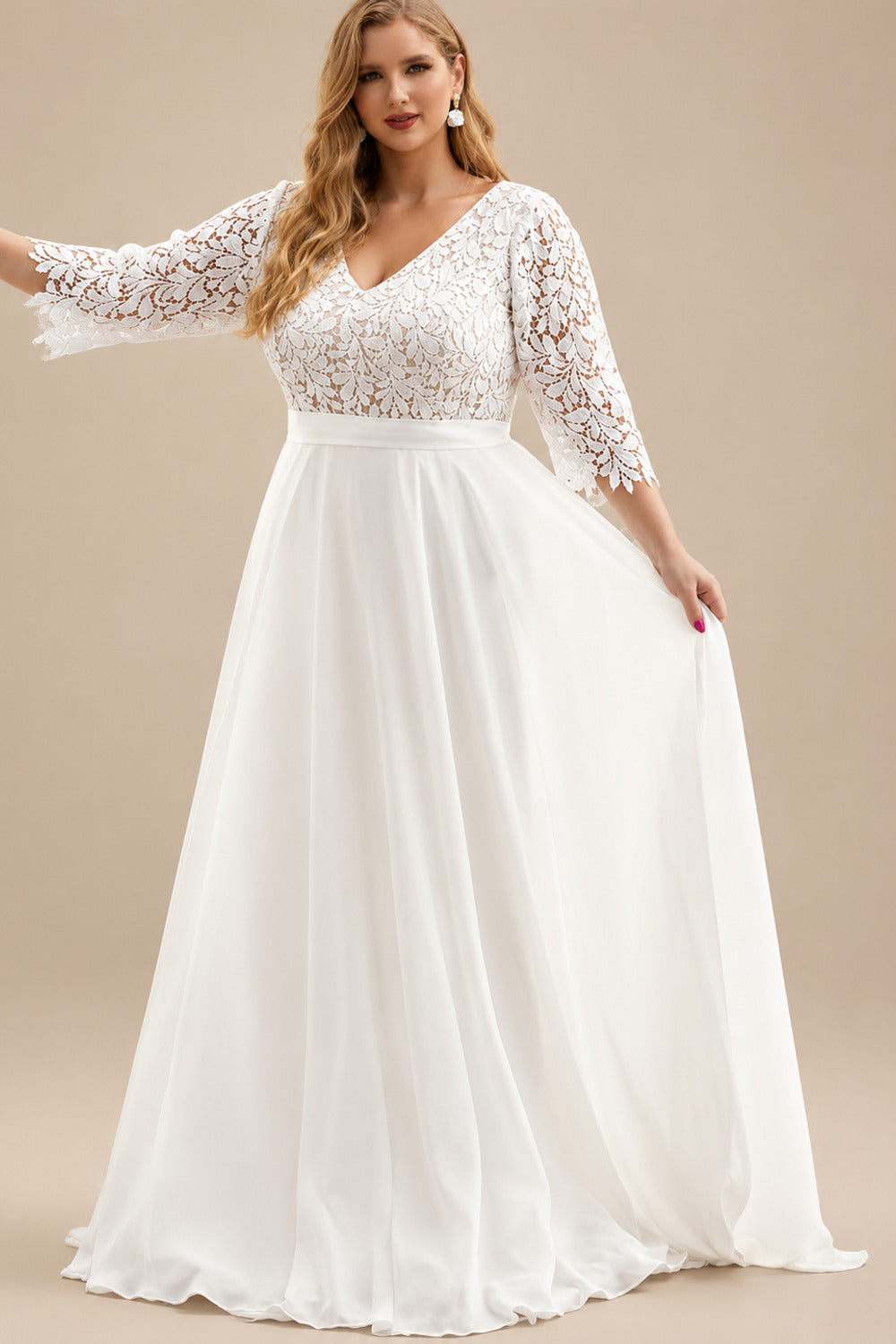 Rutipo Ivory A-Line V-Neck Lace(Non-Stretch)/Chiffon(Non-Stretch) Plus Size Wedding Dress