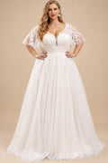 Rutipo As Picture Plus Size A-Line V-Neck 1/2 Sleeves Tulle Wedding Dresses With Appliques Lace