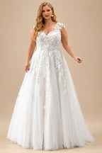 Rutipo White Plus Size A-Line V-Neck Floor-Length Tulle Wedding Dresses With Appliques Lace
