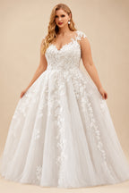 Rutipo White Plus Size A-Line V-Neck Floor-Length Tulle Wedding Dresses With Appliques Lace