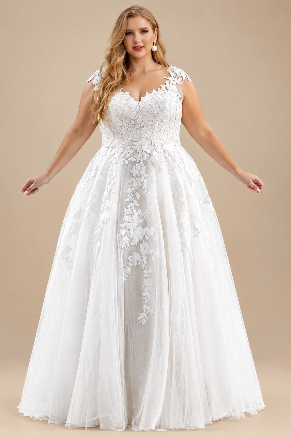 Rutipo White Plus Size A-Line V-Neck Floor-Length Tulle Wedding Dresses With Appliques Lace