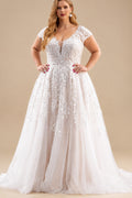 Rutipo As Picture Plus Size A-Line V-Neck Sweep Train Tulle Wedding Dresses With Appliques Lace