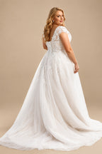 Rutipo Ivory Plus Size A-Line V-Neck Sleeveless Sweep Train Tulle Wedding Dresses With Lace