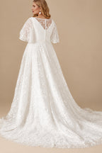 Rutipo Ivory Plus Size A-Line V-Neck Satin(Non-Stretch)/Tulle Wedding Dresses With Lace