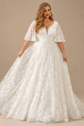 Rutipo Ivory Plus Size A-Line V-Neck Satin(Non-Stretch)/Tulle Wedding Dresses With Lace