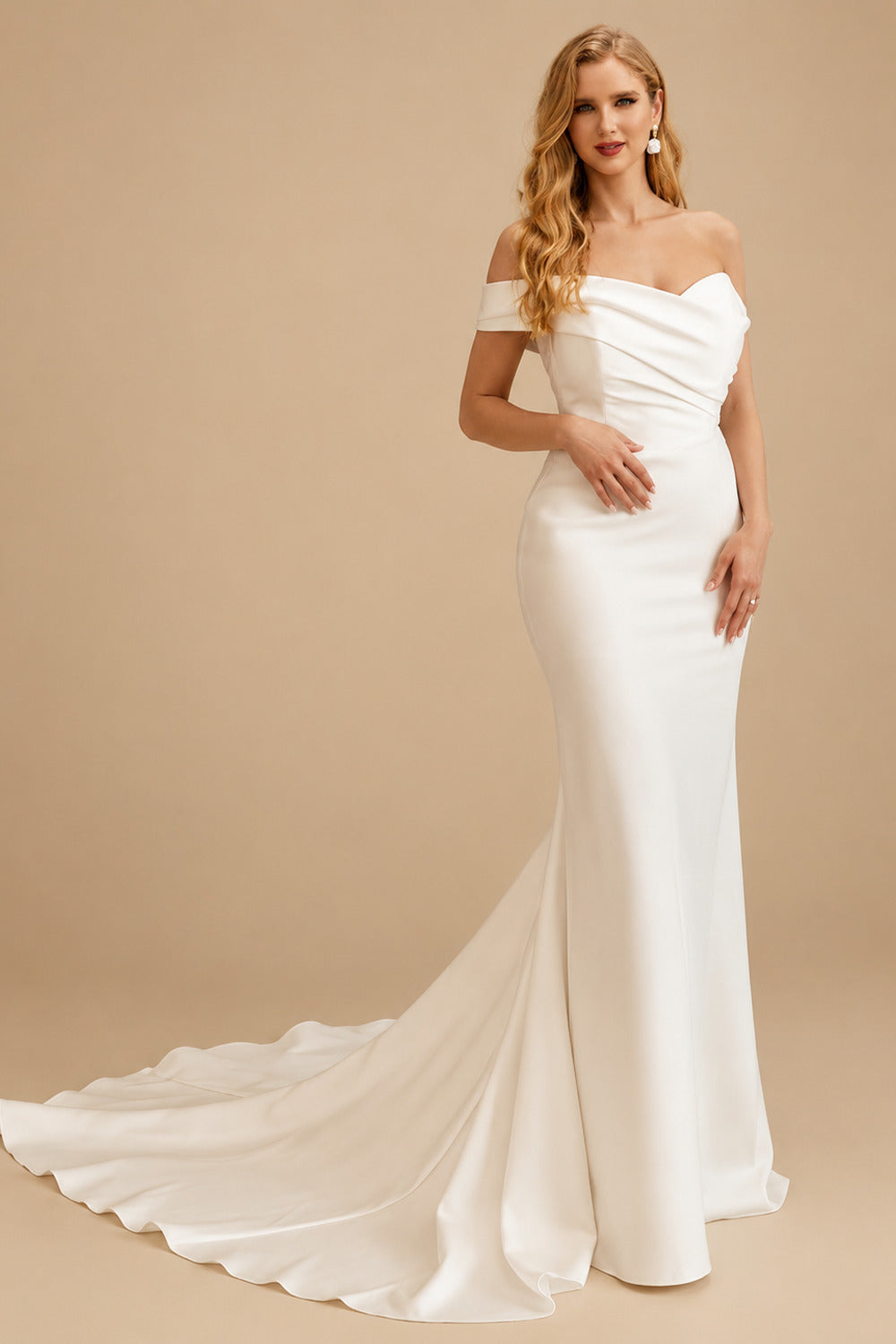 Rutipo Ivory Plus Size Sheath/Column Off-The-Shoulder Court Train Satin Wedding Dresses