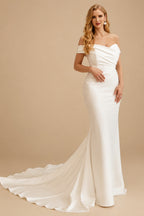 Rutipo Ivory Plus Size Sheath/Column Off-The-Shoulder Court Train Satin Wedding Dresses