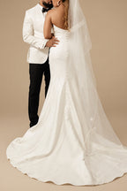 Rutipo Ivory Plus Size Sheath/Column Off-The-Shoulder Court Train Satin Wedding Dresses