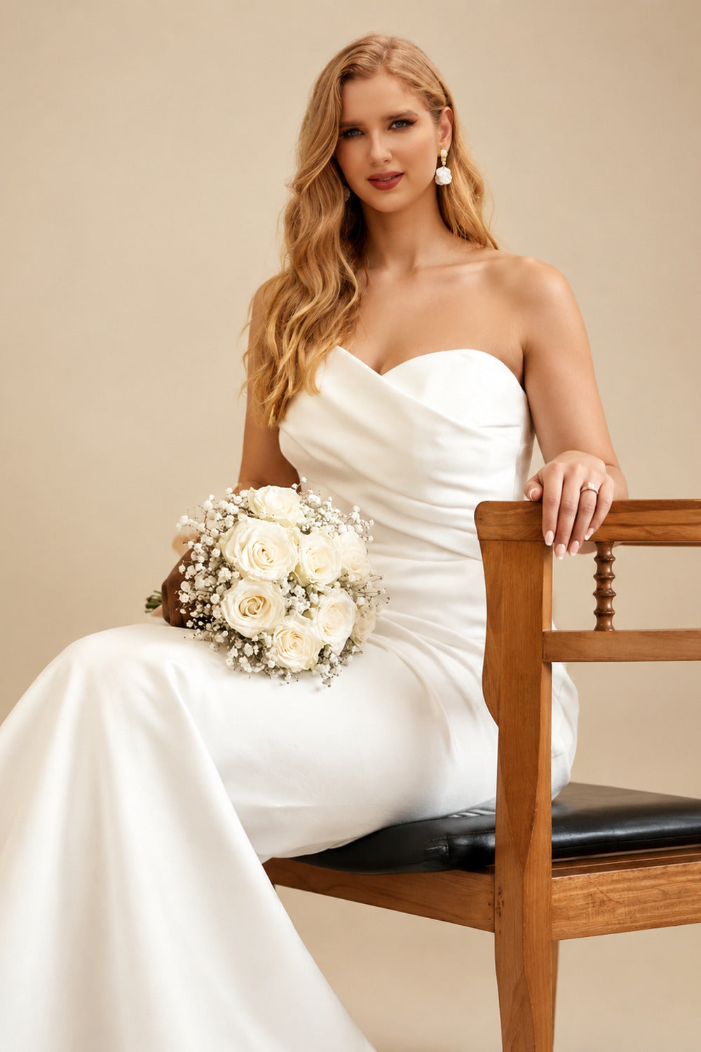 Rutipo Ivory Plus Size Sheath/Column Off-The-Shoulder Court Train Satin Wedding Dresses