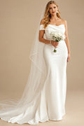 Rutipo Ivory Plus Size Sheath/Column Off-The-Shoulder Court Train Satin Wedding Dresses
