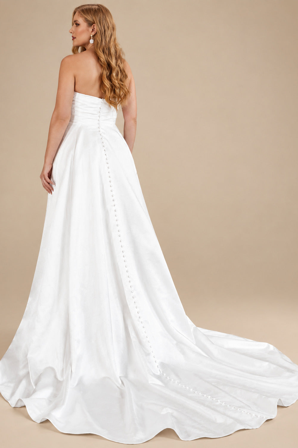 Rutipo Ivory Plus Size A-Line Strapless Sleeveless Court Train Satin Wedding Dresses With High Split