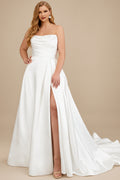 Rutipo Ivory Plus Size A-Line Strapless Sleeveless Court Train Satin Wedding Dresses With High Split