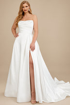 Rutipo Ivory Plus Size A-Line Strapless Sleeveless Court Train Satin Wedding Dresses With High Split