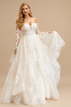 Rutipo Ivory Plus Size A-Line V-Neck Long Sleeves Tulle Wedding Dresses With Ruffle/Lace