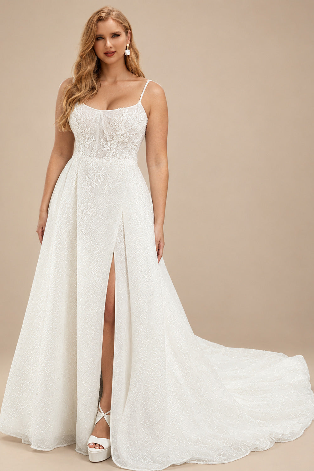 Rutipo Ivory Plus Size A-Line Cowl Neck Court Train Tulle Wedding Dresses With Lace/High Split