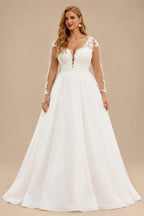 Rutipo Ivory Plus Size Ball-Gown V-Neck Long Sleeves Satin Wedding Dresses With Back Hole