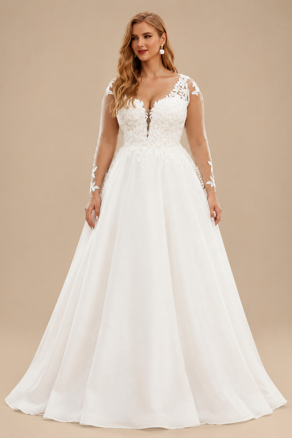 Rutipo Ivory Plus Size Ball-Gown V-Neck Long Sleeves Satin Wedding Dresses With Back Hole