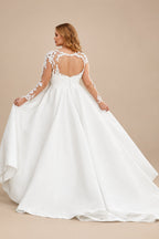 Rutipo Ivory Plus Size Ball-Gown V-Neck Long Sleeves Satin Wedding Dresses With Back Hole