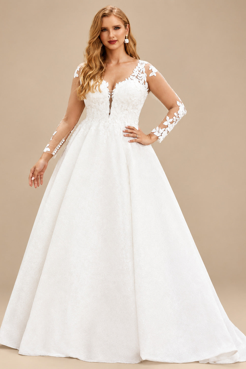 Rutipo Ivory Plus Size Ball-Gown V-Neck Long Sleeves Satin Wedding Dresses With Back Hole