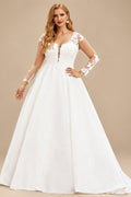 Rutipo Ivory Plus Size Ball-Gown V-Neck Long Sleeves Satin Wedding Dresses With Back Hole