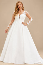 Rutipo Ivory Plus Size Ball-Gown V-Neck Long Sleeves Satin Wedding Dresses With Back Hole