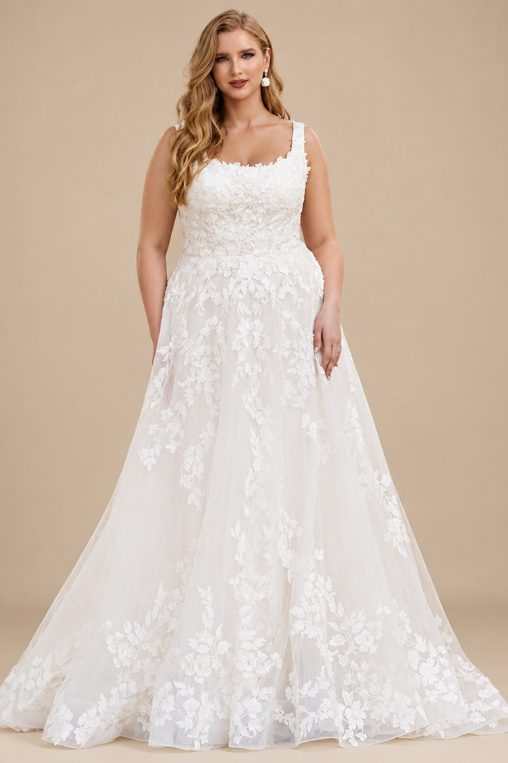 Rutipo Ivory Plus Size A-Line Cowl Neck Sleeveless Sweep Train Lace Wedding Dresses