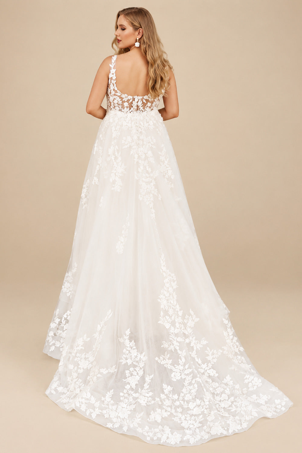 Rutipo Ivory Plus Size A-Line Cowl Neck Sleeveless Sweep Train Lace Wedding Dresses