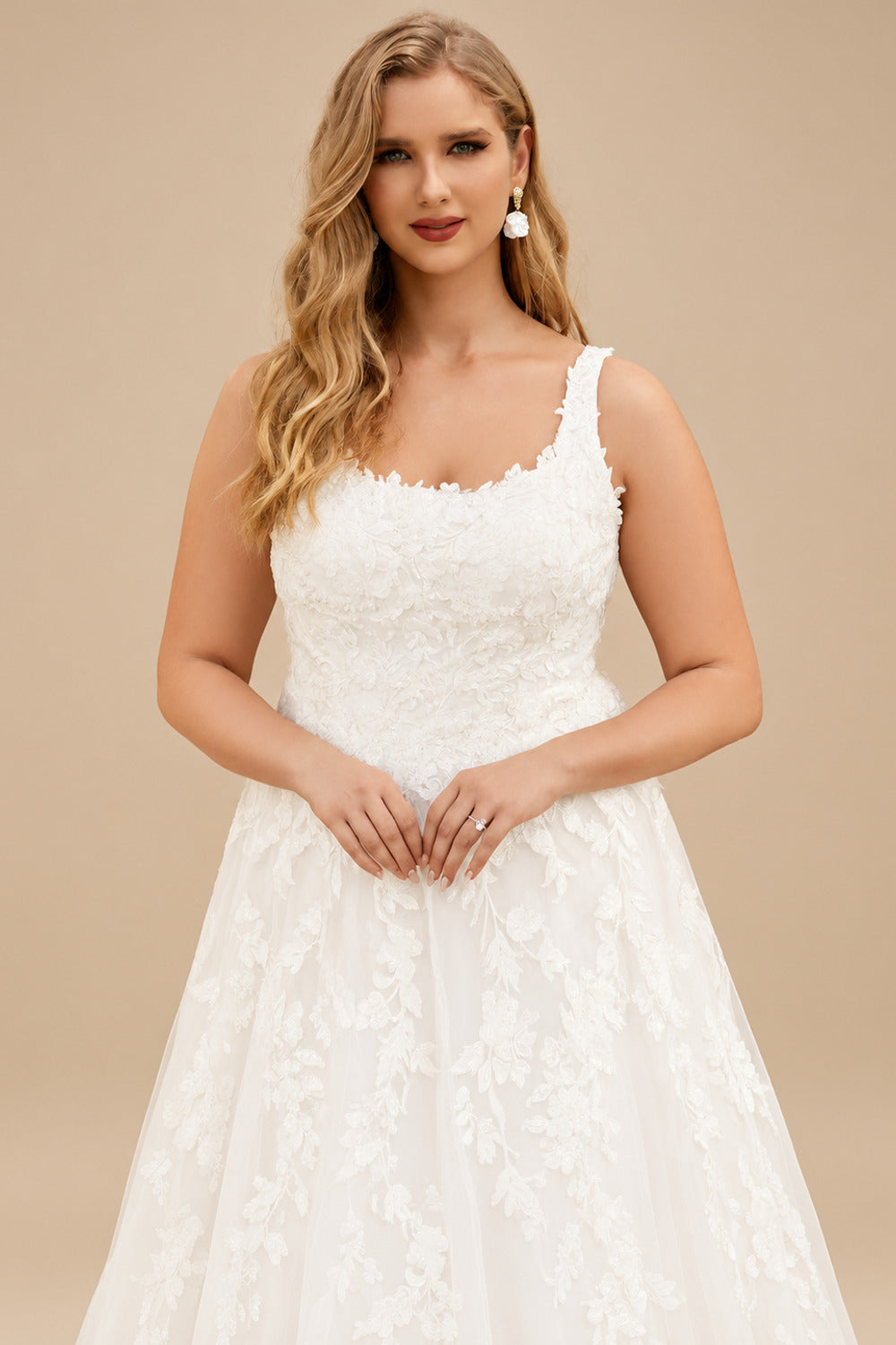 Rutipo Ivory Plus Size A-Line Cowl Neck Sleeveless Sweep Train Lace Wedding Dresses