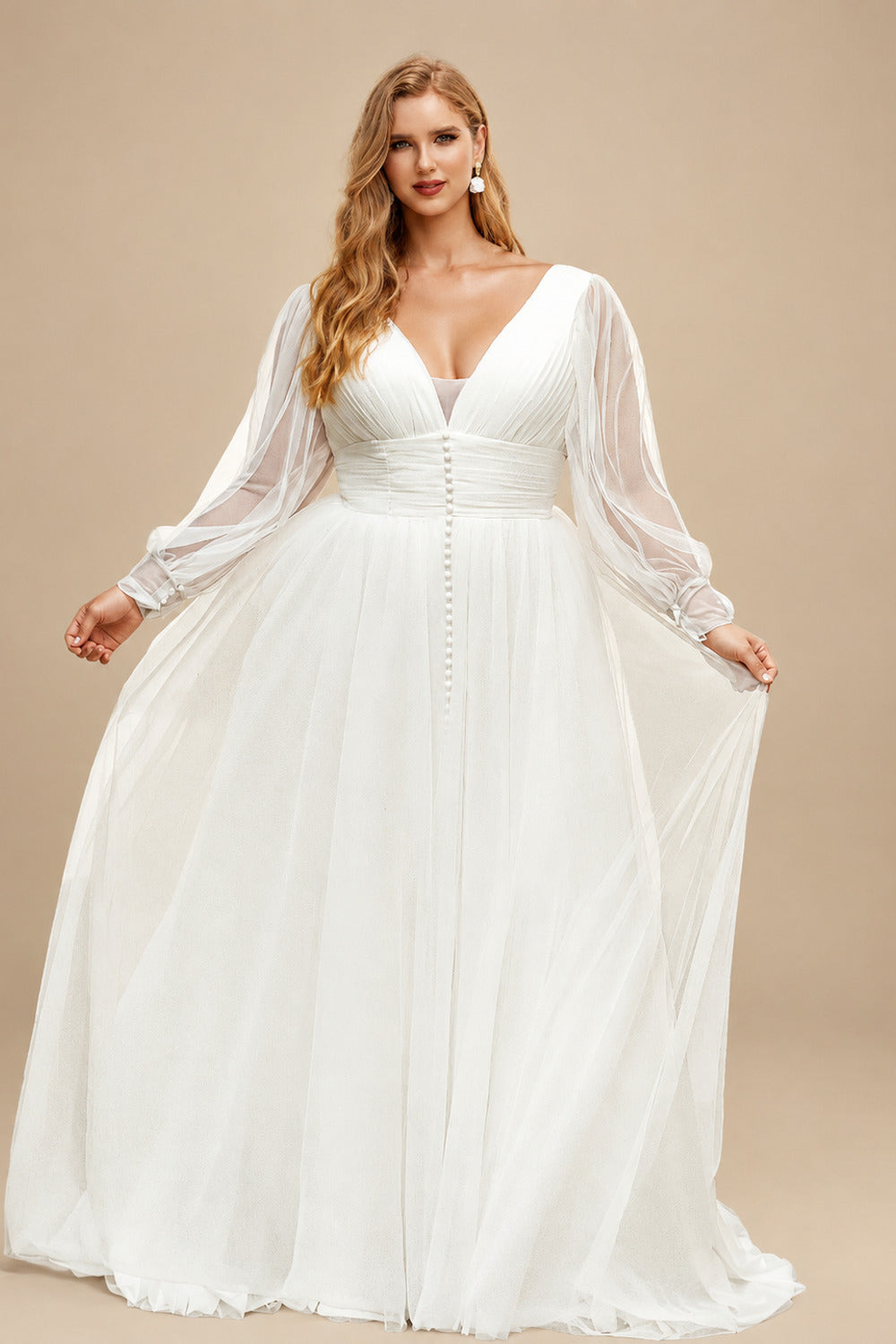 Rutipo Ivory Plus Size A-Line V-Neck Long Sleeves Sweep Train Tulle Wedding Dresses