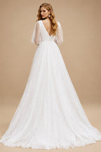 Rutipo White Plus Size A-Line V-Neck Long Sleeves Sweep Train Tulle Wedding Dresses