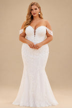 Rutipo White Plus Size Trumpet/Mermaid Off-The-Shoulder Court Train Lace Wedding Dresses