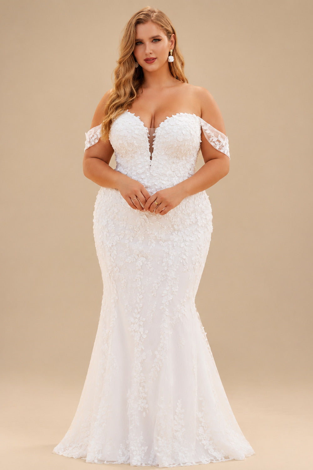 Rutipo White Plus Size Trumpet/Mermaid Off-The-Shoulder Court Train Lace Wedding Dresses