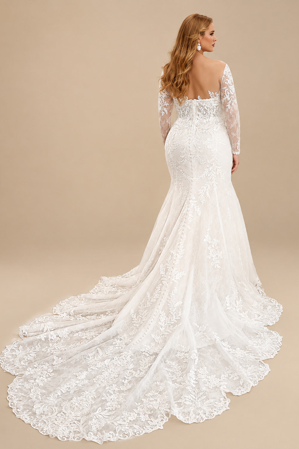 Rutipo Ivory Plus Size Trumpet/Mermaid Off-The-Shoulder Long Sleeves Court Train Lace Wedding Dresses