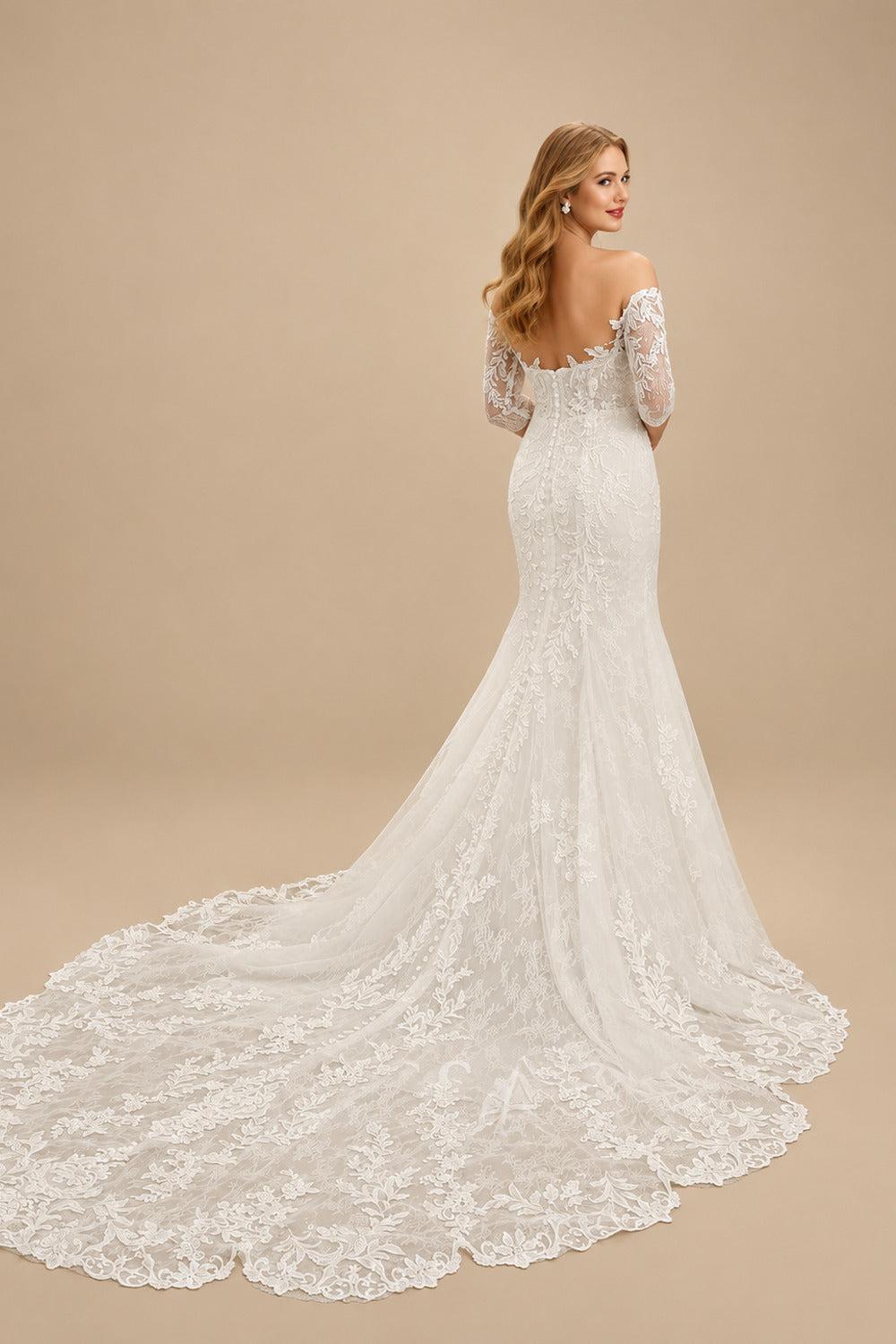 Rutipo Ivory Plus Size Trumpet/Mermaid Off-The-Shoulder Long Sleeves Court Train Lace Wedding Dresses