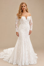 Rutipo Ivory Plus Size Trumpet/Mermaid Off-The-Shoulder Long Sleeves Court Train Lace Wedding Dresses