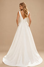 Rutipo Ivory Plus Size A-Line V-Neck Sleeveless Sweep Train Satin Wedding Dresses With Pockets