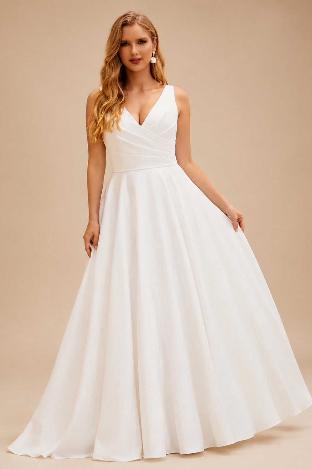 Rutipo Ivory Plus Size A-Line V-Neck Sleeveless Sweep Train Satin Wedding Dresses With Pockets