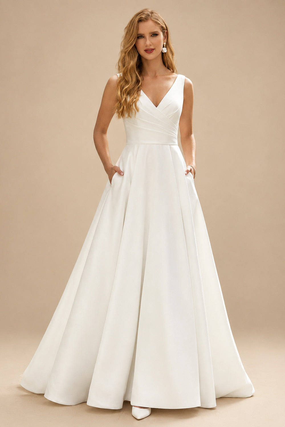 Rutipo Ivory Plus Size A-Line V-Neck Sleeveless Sweep Train Satin Wedding Dresses With Pockets