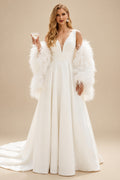 Rutipo Ivory Plus Size A-Line V-Neck Sleeveless Court Train Satin Wedding Dresses