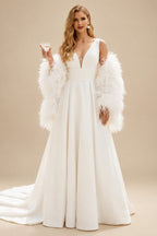 Rutipo Ivory Plus Size A-Line V-Neck Sleeveless Court Train Satin Wedding Dresses