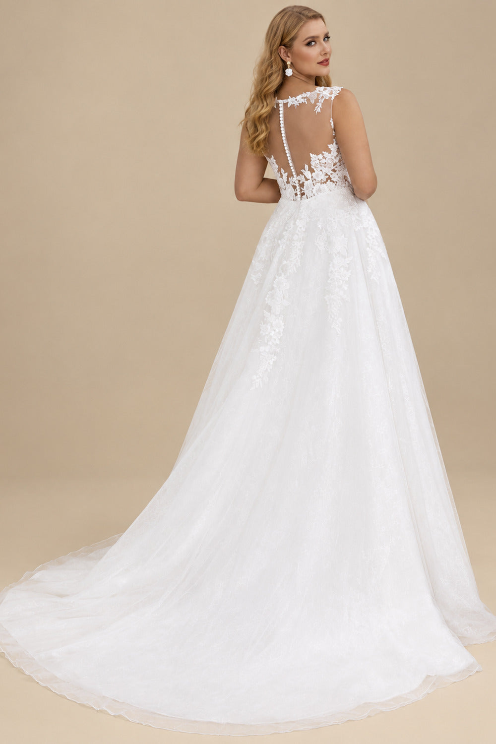 Rutipo White Plus Size A-Line Illusion Neck Sweep Train Tulle Wedding Dresses With Lace