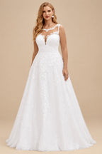 Rutipo White Plus Size A-Line Illusion Neck Sweep Train Tulle Wedding Dresses With Lace